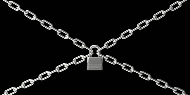 istock Padlock closed on four chains isolated against black background. 3d illustration 1208154625