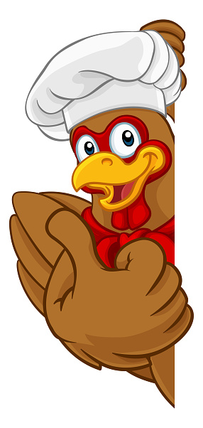 A chef chicken rooster cockerel cartoon character mascot peeking around a sign and giving a thumbs up