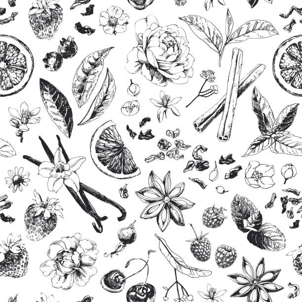 ilustraciones, imágenes clip art, dibujos animados e iconos de stock de patrón sin costuras con artículos relacionados con el té - lemon backgrounds fruit textured