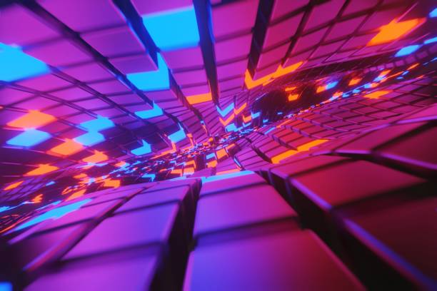 istock Abstract geometric cubes Waving Surface with glowing Lights Futuristic, 3D rendering 1208156419