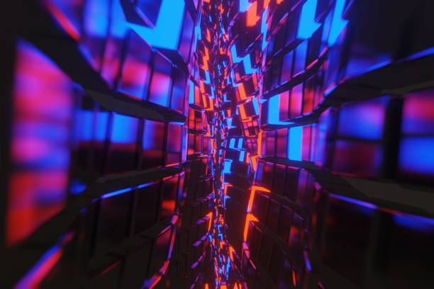istock Abstract geometric cubes Waving Surface with glowing Lights Futuristic, 3D rendering 1208156422