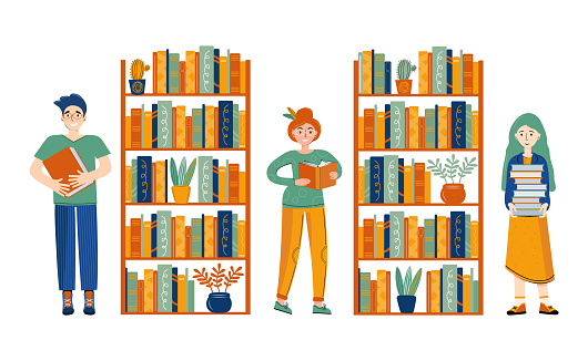Literary Fans People Buy Books In A Bookstore Men And Women Love To Read Books Funny Cartoon Characters Stand Among The Bookcases Hand Drawn Vector Illustration In Scandinavian Style Stock Illustration - Literary Fans People Buy Books In A Bookstore Men And Women Love To Read Books Funny Cartoon Characters Stand Among The Bookcases Hand Drawn Vector Illustration In Scandinavian Style Stock Illustration -