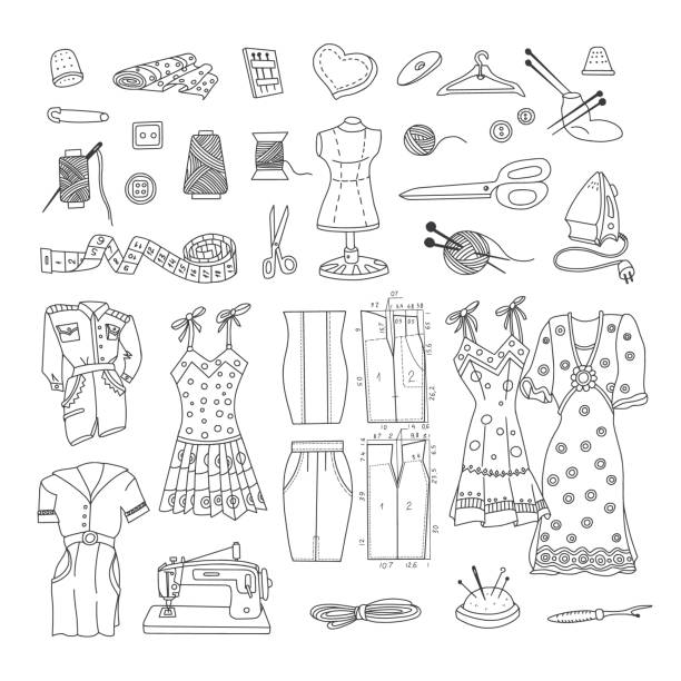 ilustrações de stock, clip art, desenhos animados e ícones de cutting and sewing doodle set - tape measure illustrations