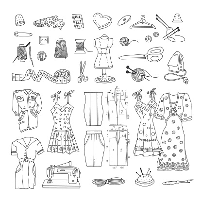 Cutting and sewing Doodle Set. Vector illustration.
