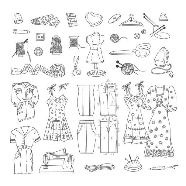 Vector illustration of Cutting and sewing Doodle Set