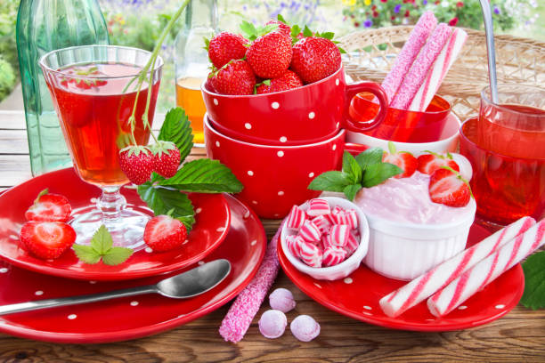Various food and drink with strawberries