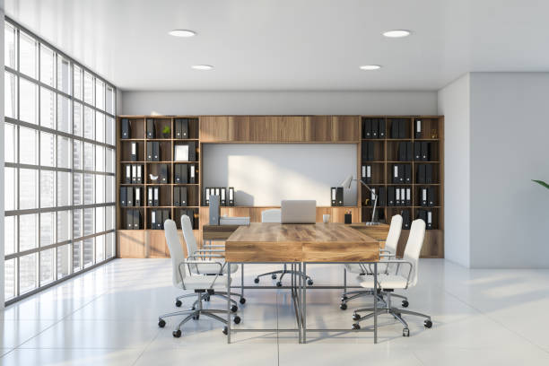 istock White and wooden CEO office with bookcase 1208165189
