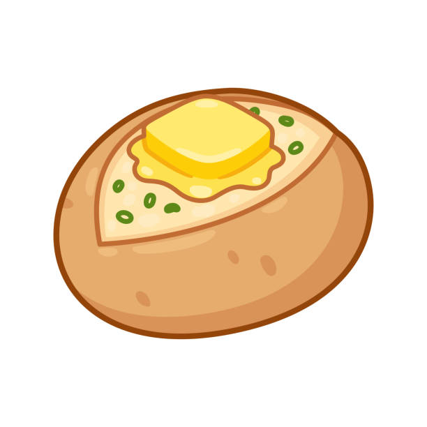 Baked potato with butter Baked potato with butter and chives. Cartoon drawing of traditional jacket potato with skin on and toppings. Isolated vector clip art illustration. baked potato stock illustrations