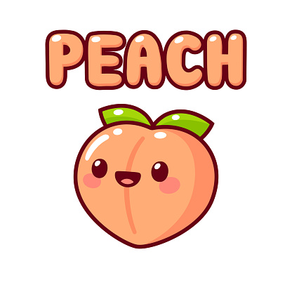 Cute cartoon peach with kawaii face and text lettering Peach. Simple hand drawn doodle, isolated vector clip art illustration.