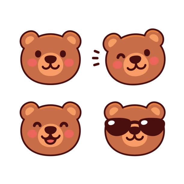 Cute cartoon bear face set Cute cartoon bear face set, mascot icon, emoji sticker design. Happy teddy bear smiling, winking, wearing sunglasses. Simple vector illustration. bear stock illustrations