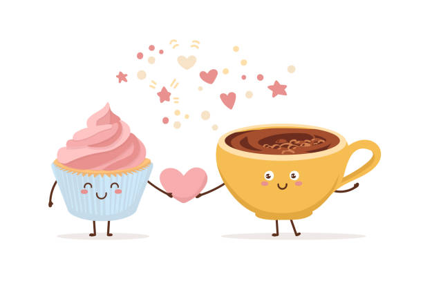 illustrazioni stock, clip art, cartoni animati e icone di tendenza di kawaii coppia di caffè caldo sorridente e un cupcake. - muffin coffee cartoon cake