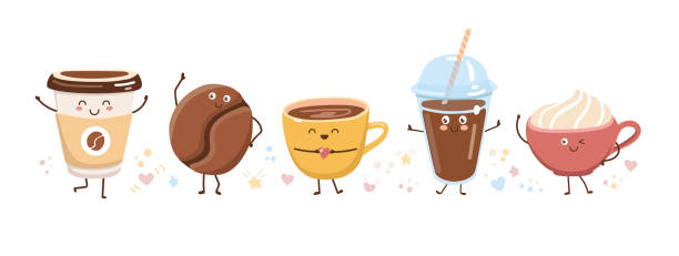 ilustrações de stock, clip art, desenhos animados e ícones de set of cute coffee characters in trendy kawaii style. - drinking straw plastic design in a row