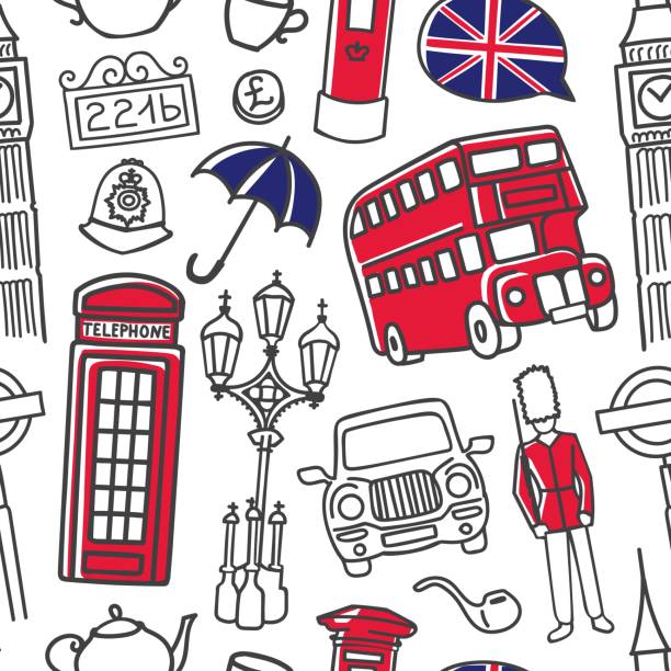 красочный вектор бесшовный узор с известными символами и достопримечательностями лондона, великобритания. - london england england street light telephone stock illustrations