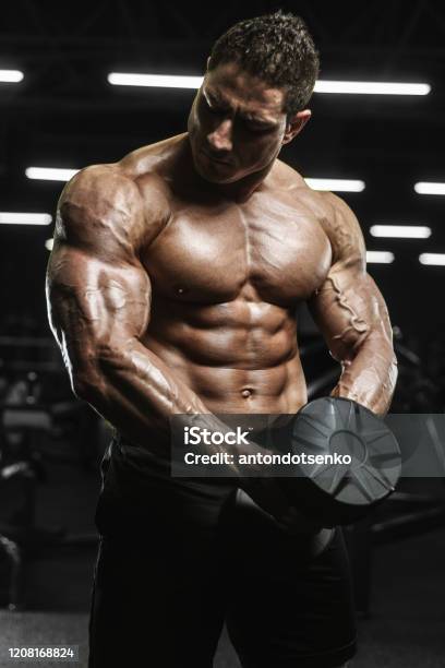 Handsome Strong Athletic Men Pumping Up Muscles Workout Bodybuilding  Concept Background Stock Photo - Download Image Now - iStock