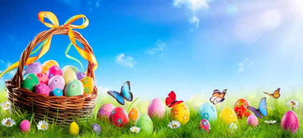 Easter Eggs In Basket On Grass With Sunny Sky Background