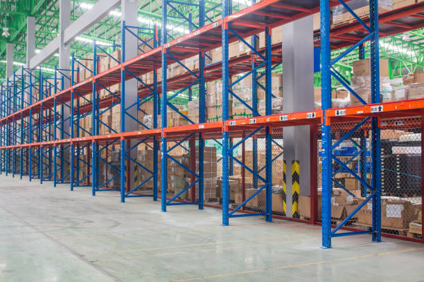 istock The empty rows of shelves with boxes in warehouse. 1208170177