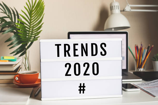 istock Trends 2020 concepts with text on cinema light box on worktable.business vision 1208170367