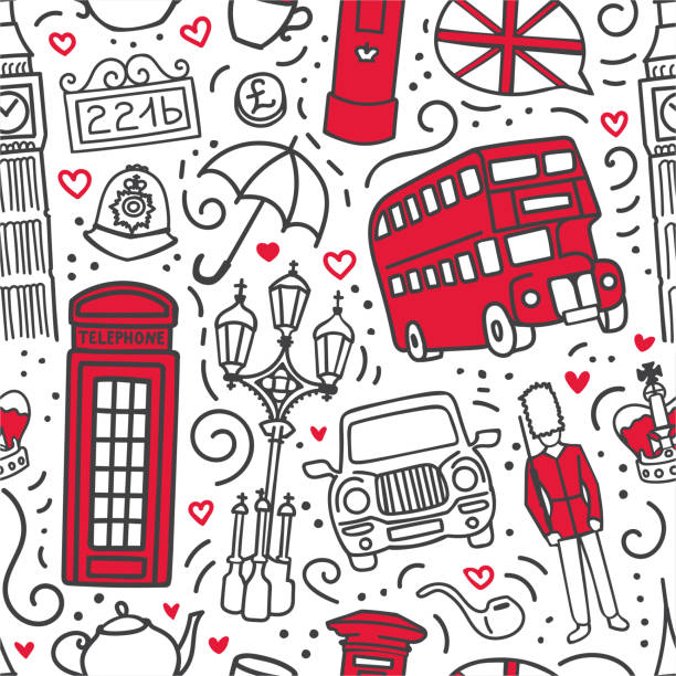 wektorowy bezszwowy wzór londyn, wielka brytania w czarnych, białych, czerwonych kolorach z doodle wiruje i serca. - london england england street light telephone stock illustrations