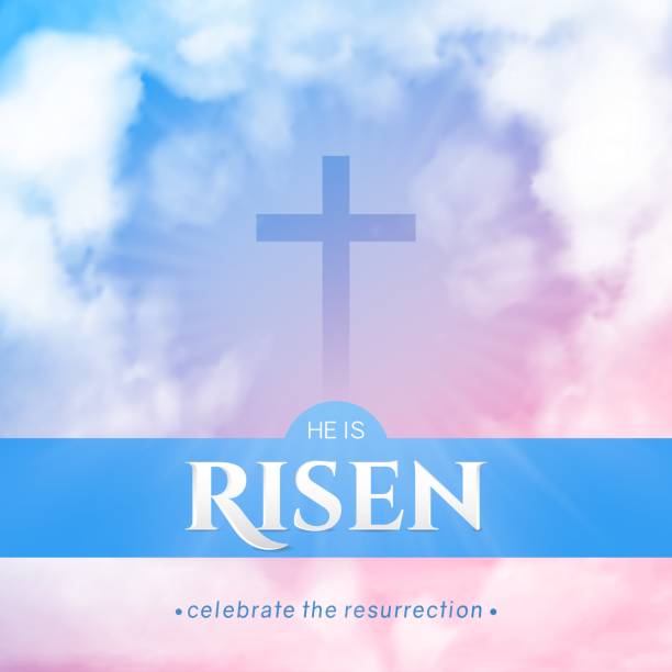 Christian religious design for Easter celebration. Christian religious design for Easter celebration. Square flyer. Text: He is risen, shining Cross and heaven with white clouds. heaven and jesus drawing stock illustrations