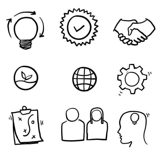 hand drawn Core Values symbol collection. Mission, integrity value icon set with vision, honesty, passion, and collaboration as the goal or focus.doodle style hand drawn Core Values symbol collection. Mission, integrity value icon set with vision, honesty, passion, and collaboration as the goal or focus.doodle style learning drawings stock illustrations