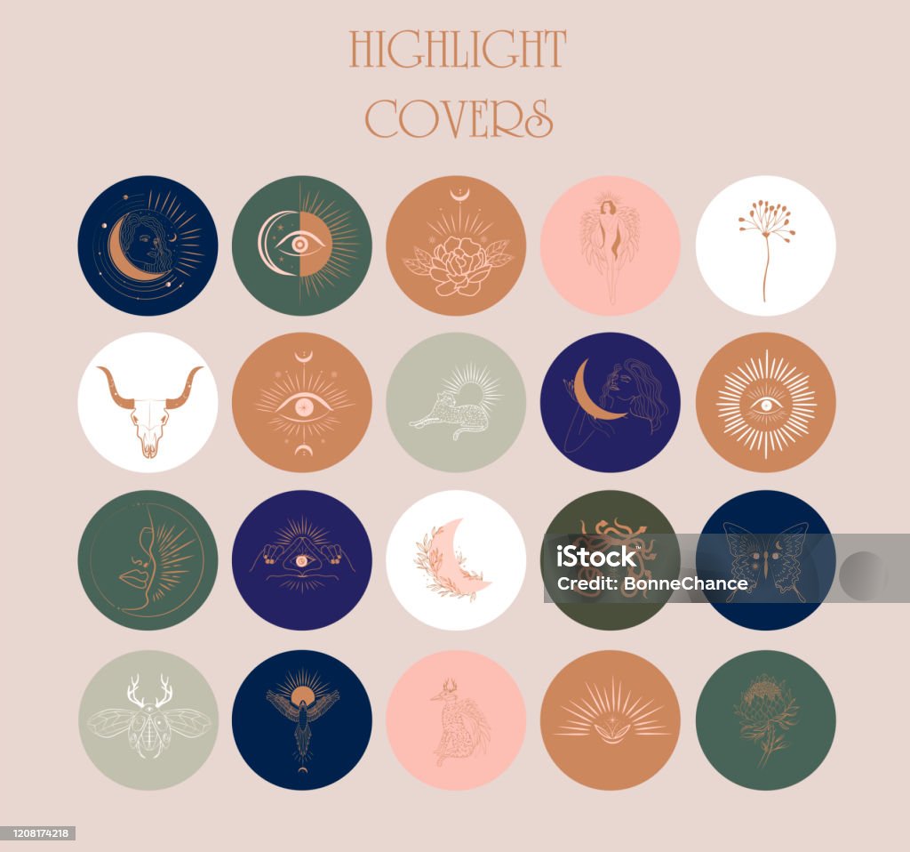 Collection of Abstract various vector highlight covers Collection of Abstract various vector highlight covers with astrology objects, fantasy animals, mythical creature, esoteric and boho objects,  for social media stories. Editable vector illustration Astrology stock vector