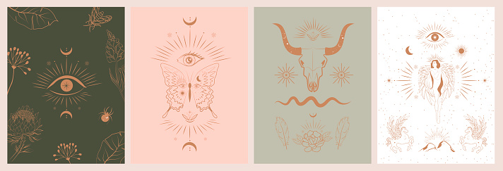 Collection of mythology and mystical poster illustrations in hand drawn style. fantasy animals, mythical creature, esoteric and boho objects, woman and moon, snake and evil eye. Vector Illustration