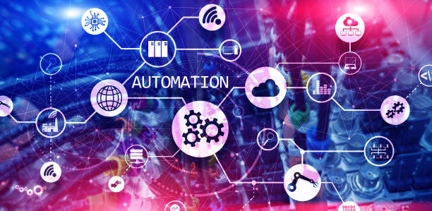 istock Business process automation concept on blurred network cabinets. New project 2020 1208176547