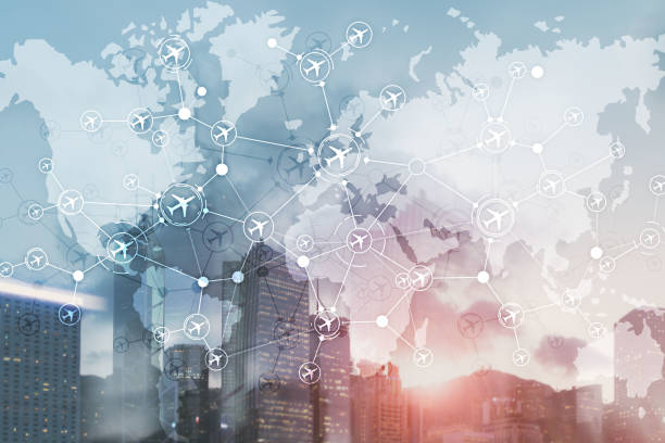istock Airplane icons on modern city background. Flight schemes. 1208176700