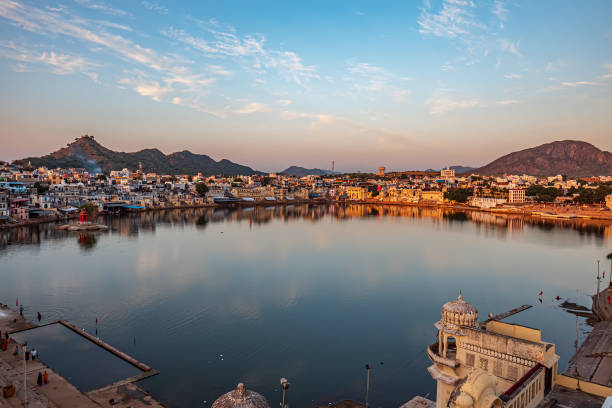 Pushkar is a town in the Ajmer district in the Indian state of Rajasthan. Pushkar is a town in the Ajmer district in the Indian state of Rajasthan. It is a pilgrimage site for Hindus and Sikhs. Pushkar has many temples. Rajasthan India. shades of blue stock pictures, royalty-free photos & images