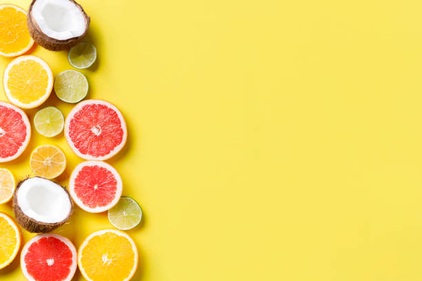 istock Summer background. Composition with exotic fruits 1208178166