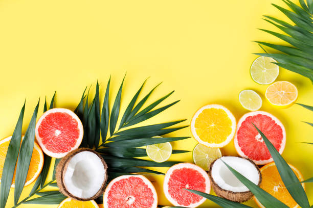 istock Summertime tropical background with exotic fruits 1208178209