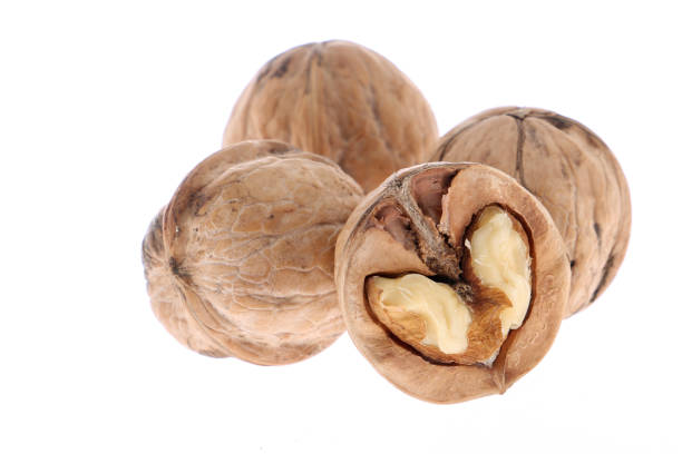 istock Whole and cracked walnuts isolated on white background 1208178560