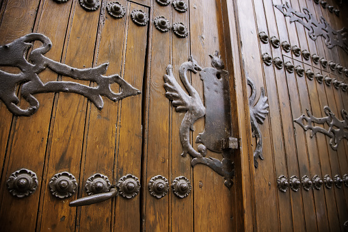Medieval wooden door, decoration and protection detail, wood art