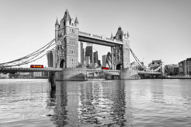 Red bus on Tower Bridge in London, the UK