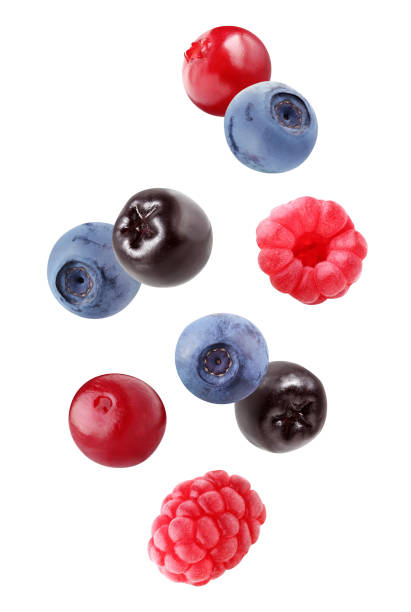falling blueberries, chokeberry, raspberry and cranberry isolate falling blueberries, chokeberry, raspberry and cranberry isolated on white background with a clipping path. whole berries in the air. berry stock pictures, royalty-free photos & images