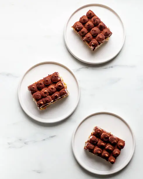 Fresh Tiramisu Cake on the white table, with copy space