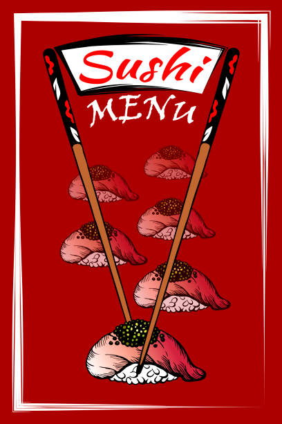Vector illustration Vector illustration of sketch hand drawn poster of roll sushi menu for restaurant, cafe, shop. Japanese, Chinese, Korean, asian food Rice, red fish, tuna, caviar, salmon , chopstick.Vintage background cartoon of the sushi plate stock illustrations