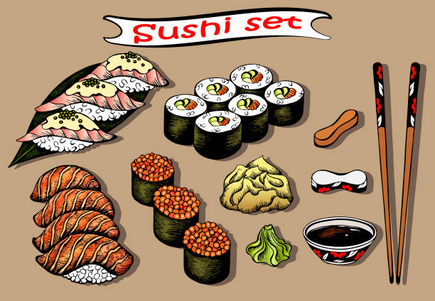 Vector illustration Vector illustration of sketch hand drawn set of sushi menu. Japanese, Chinese, Korean, asian food. Wasabi, ginger, soy sauce, onigiri, rice, fish, salmon, eel, avocado, caviar, roll, shrimp, chopstick cartoon of the sushi plate stock illustrations