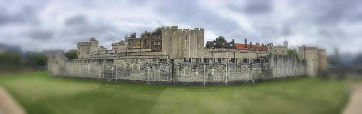 The Tower of London panoramic view of a cloudy day.