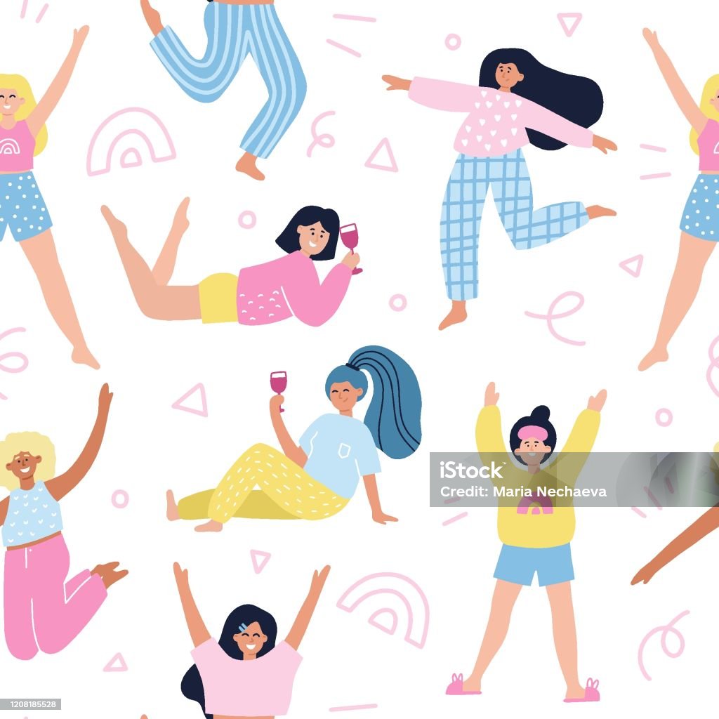 Cute Pyjamas Fun Pattern Seamless Pattern With Happy Girls In Pajamas Hand Drawn Vector ...