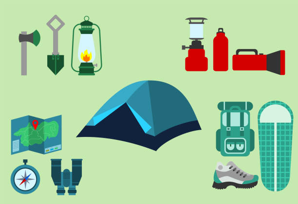 Camping equipment. Hiking icons.Outdoor gear and accessories. Camping concept. Tent, backpack, hiking shoe, sleeping bag, flashlight, map, compass, binoculars. Vector illustration,flat style,clip art. base camp stock illustrations
