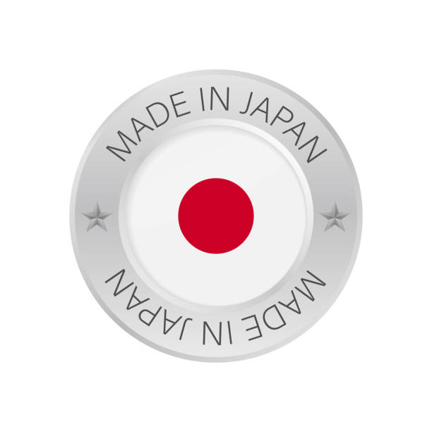 ilustraciones, imágenes clip art, dibujos animados e iconos de stock de icono de la insignia de metal brillante, hecho en japón con bandera. ilustración de stock vectorial. - made in japan