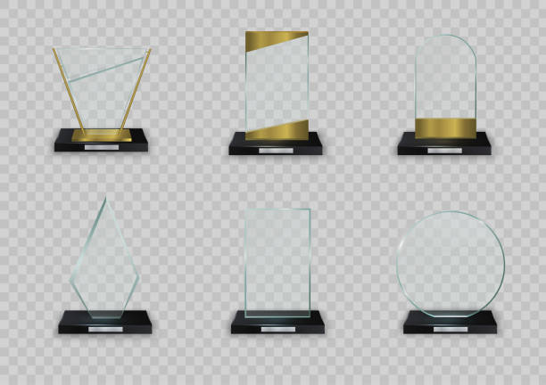 Glass shiny trophy. Glass shiny trophy on a white background. Glossy transparent prize for award illustration. Crystal glass empty trophy. Collection of vector illustrations of modern prizes. EPS 10. trophy award stock illustrations