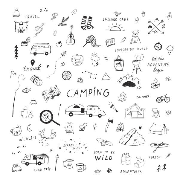 ilustraciones, imágenes clip art, dibujos animados e iconos de stock de doodle camping - dibujar ilustraciones