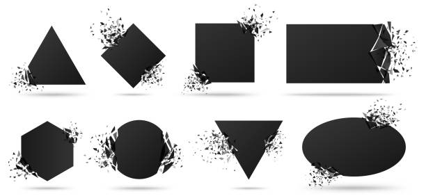 Exploded frame with spray particles. Explosion destruction, shattered geometric shapes and destruction energy vector banners set Exploded frame with spray particles. Explosion destruction, shattered geometric shapes and destruction energy vector banners set. Black objects with broken borders isolated abstract design elements destruction abstract stock illustrations