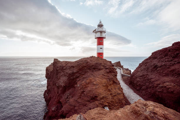 Beautiful landscape on a rocky ocean coast with lighthouse during a sunset. Teno cape on the north-west of Tenerife island