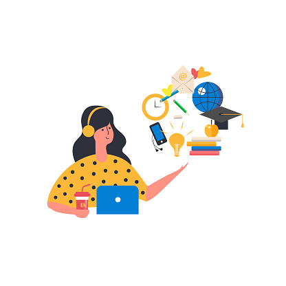 Cute character with different elements for online education. Girl learning.