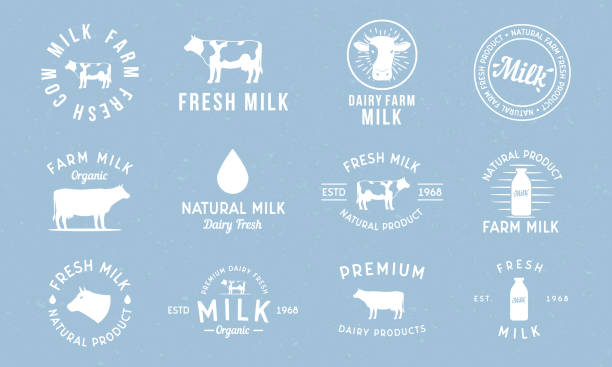 illustrations, cliparts, dessins animés et icônes de étiquettes de produits laitiers et laitiers, emblèmes et s. lait réglé avec silhouette de vache, goutte de lait, bouteille. design vintage tendance. illustration de vecteur - lait