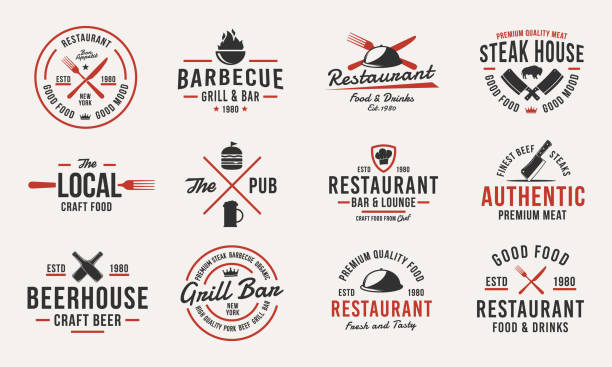 ilustraciones, imágenes clip art, dibujos animados e iconos de stock de plantillas vintage de moda. conjunto de 12 emblemas con elementos de diseño para el negocio de los restaurantes. retro o cartel para barbacoa, cervecería, steak house, restaurante, carnicería. ilustración vectorial - steak meat barbecue vector