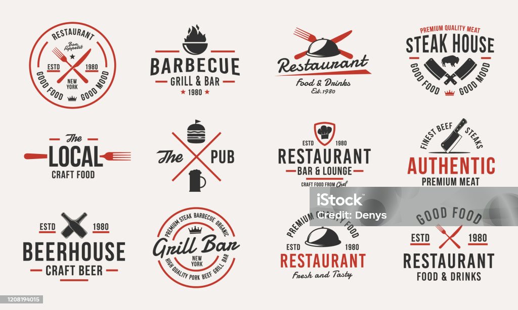 Trendiga vintagemallar. Set med 12 emblem med designelement för restaurangbranschen. Retro eller affisch för Grill, Beer house, Steak House, Restaurang, slakteri. Vektorillustration - Royaltyfri Logotyp vektorgrafik